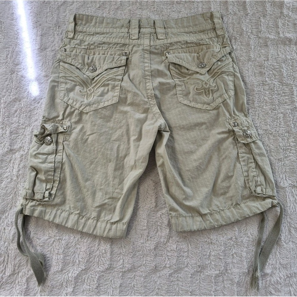 Rock Revival Cargo Shorts Men's 32/23 Khaki Cotton Fleur De Lis Y2K Embroidered